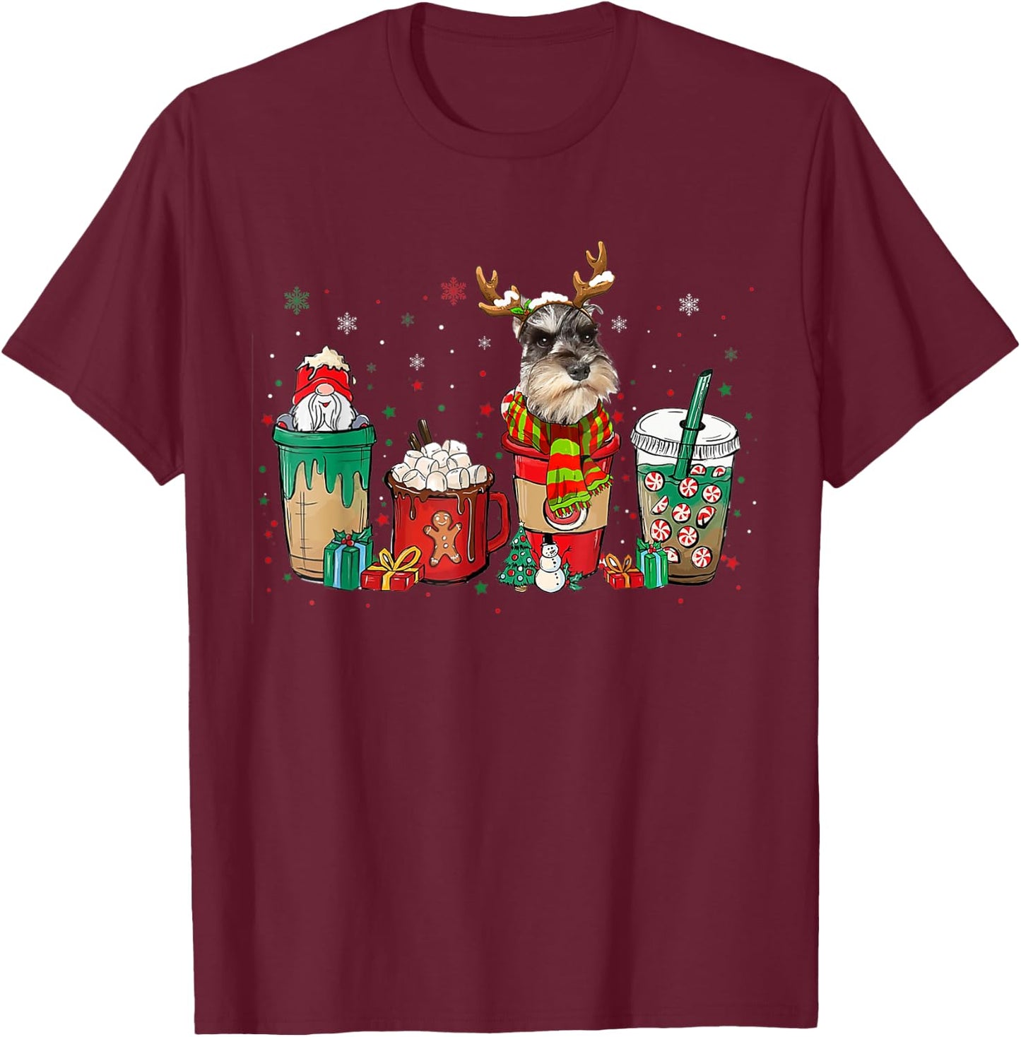 Cute Schnauzer Dog Christmas Coffee Pajamas Xmas Men Women T-Shirt - T-Shirt | Maroon