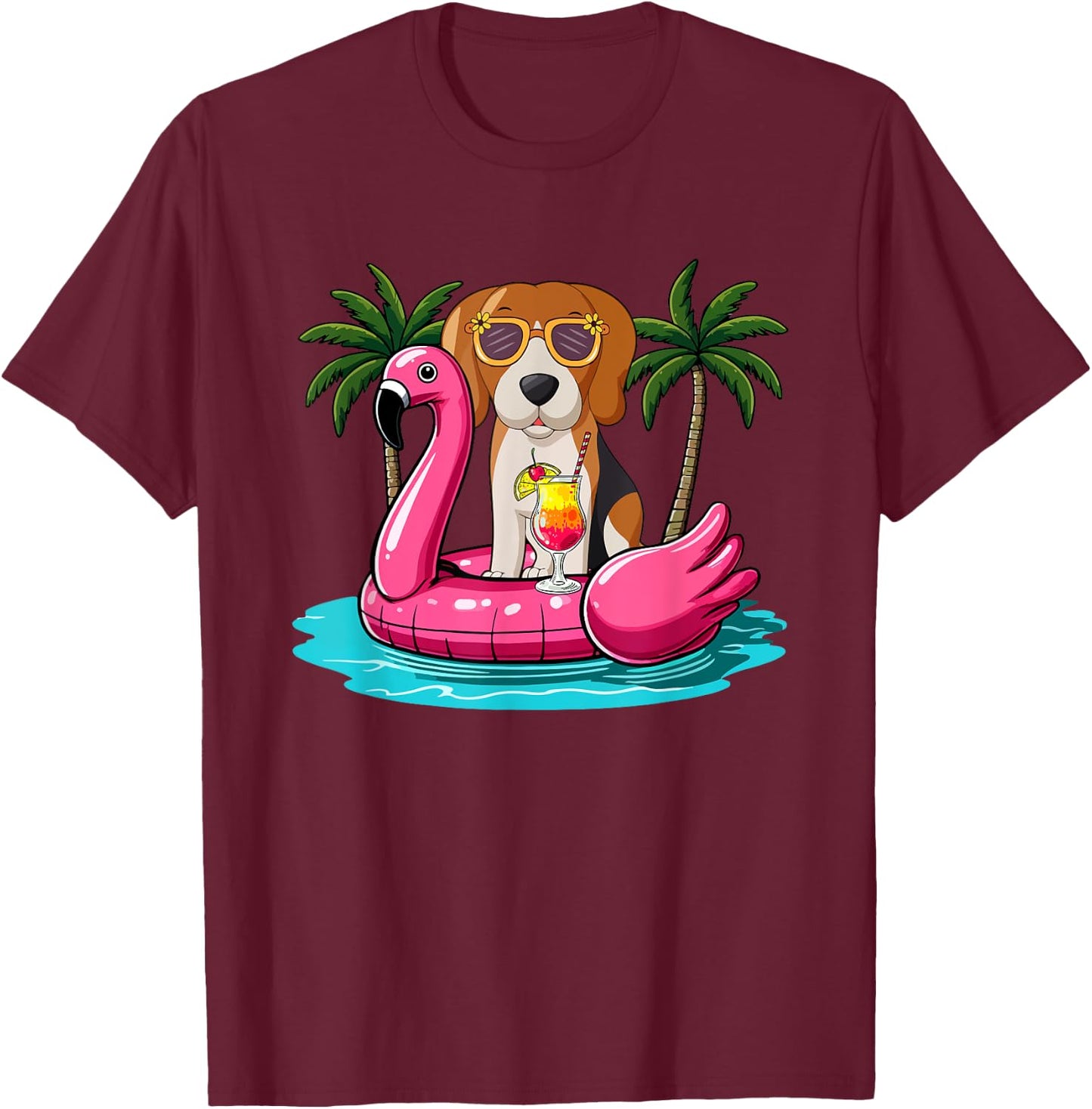 Beagle Sunglasses On Flamingo Cute Float Costume Summer T-Shirt - T-Shirt | Maroon