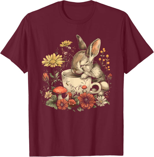 Rabbit Floral Bunny Cottagecore Aesthetic Tea Cup T-Shirt - T-Shirt | Maroon