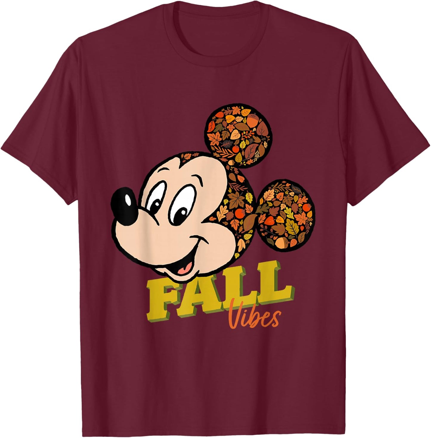 Disney Mickey Mouse Fall Vibes Autumn Leaves T-Shirt - T-Shirt | Maroon