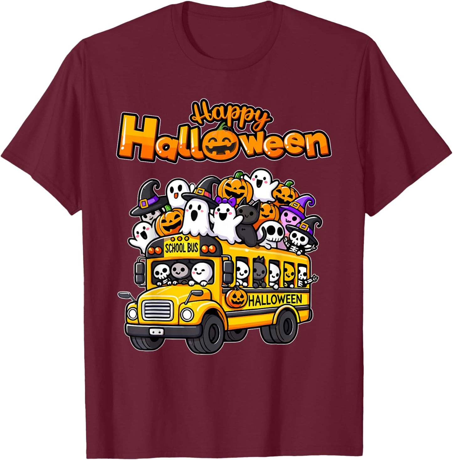 Teacher Halloween School Bus Driver Cute Ghost Witch Party T-Shirt - T-Shirt | Maroon