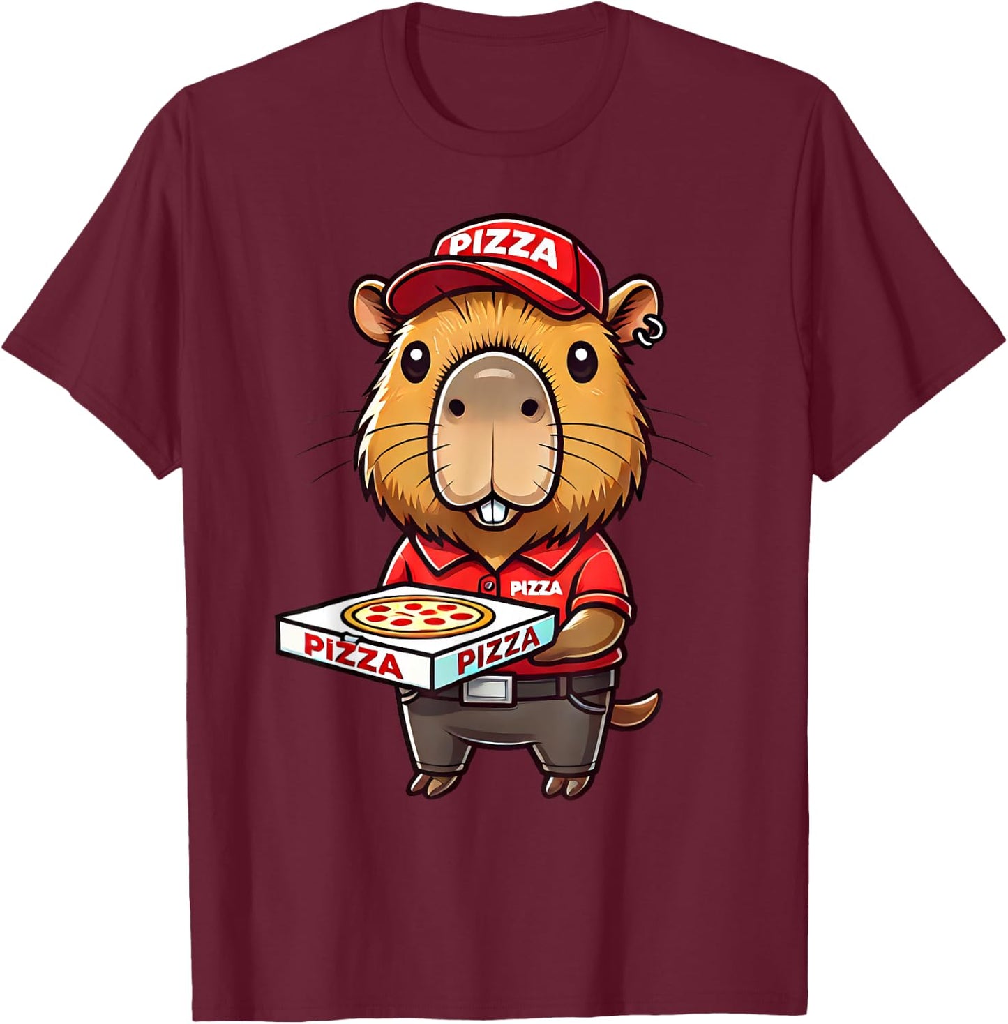 Capybara Funny Pizza Delivery Costume Men Women Kids T-Shirt - T-Shirt | Maroon