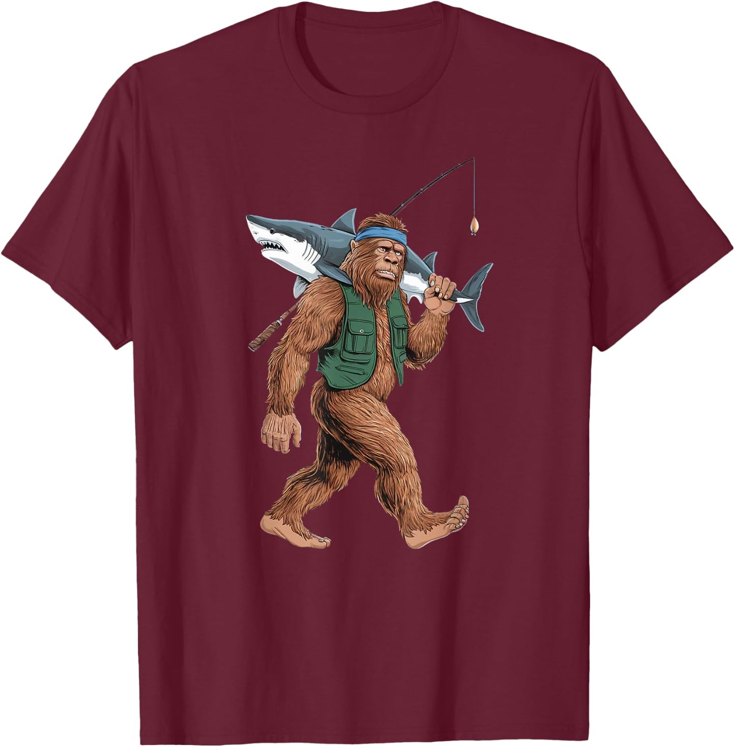 Bigfoot Fisherman Shirt - Funny Sasquatch With Shark T-Shirt - T-Shirt | Maroon