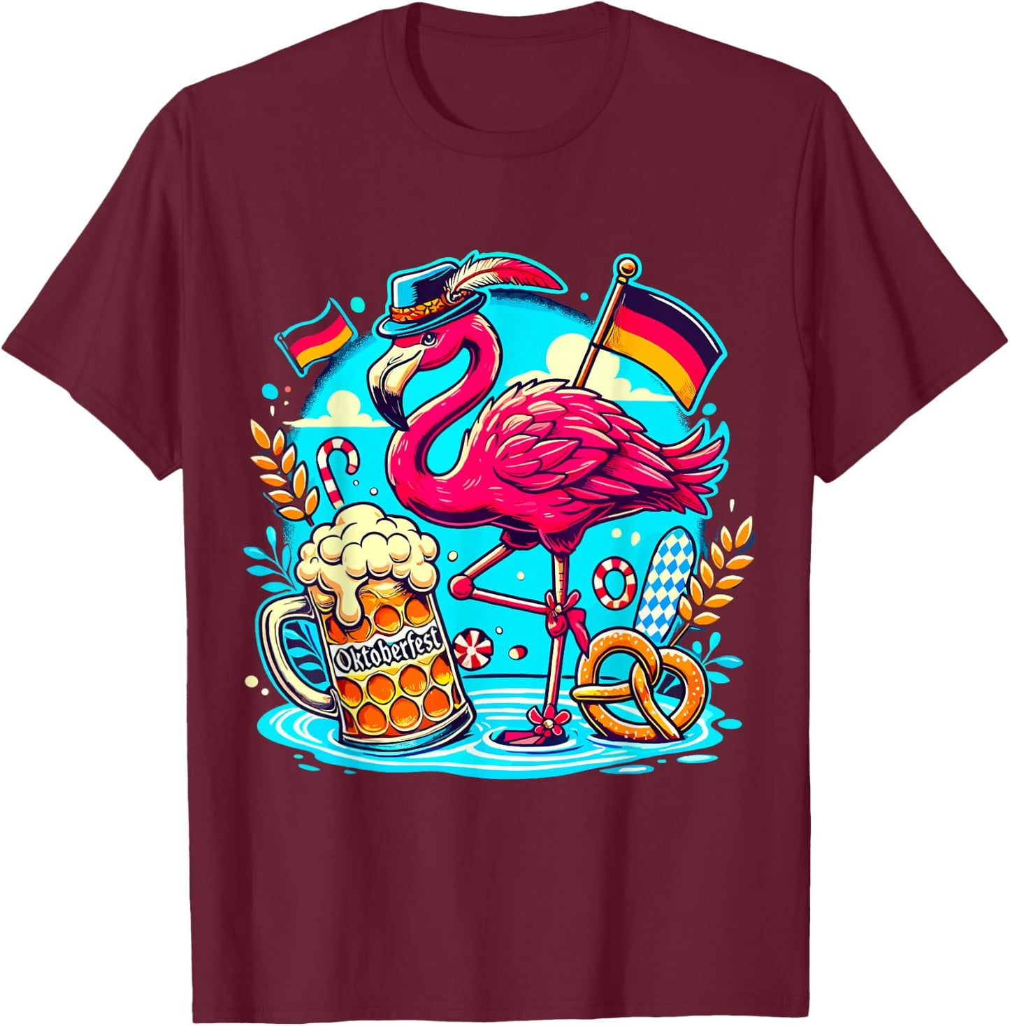 Octoberfest Flamingo Beer Germany Brezel Oktoberfest T-Shirt - T-Shirt | Maroon