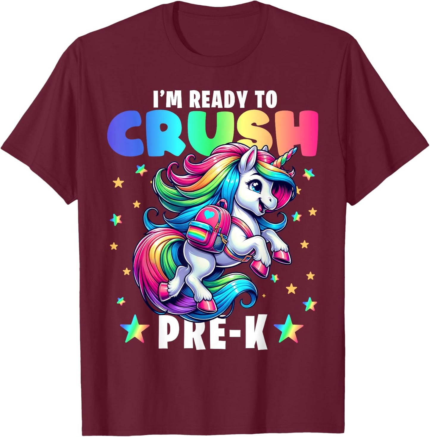 Crush Pre-K Girls Back to School Unicorn First Day Preschool T-Shirt - T-Shirt | Maroon