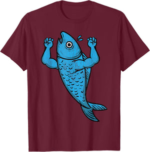 Fishy Flexing Fishy Flexing Cartoon Fish With Muscles T-Shirt - T-Shirt | Maroon