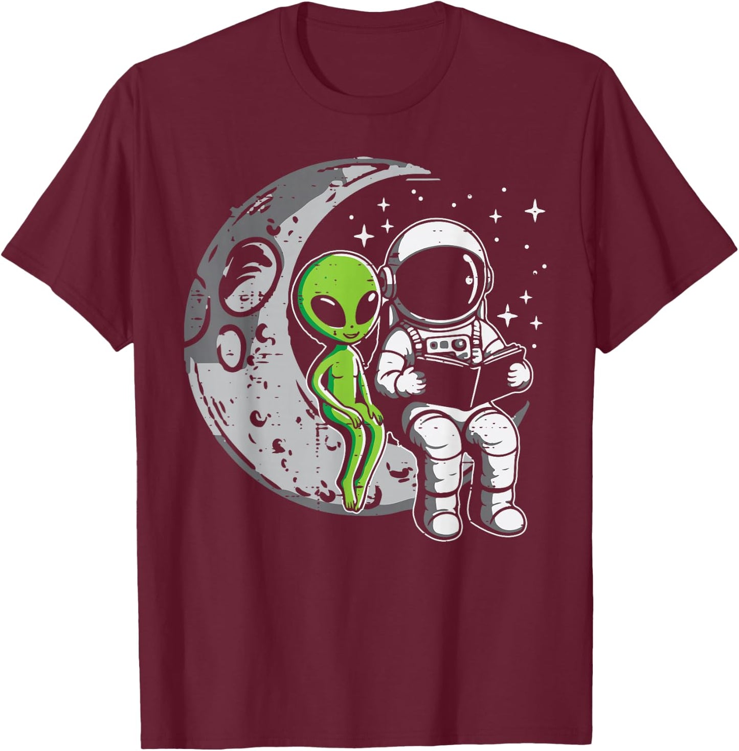 Astronaut Reading Book to Alien Moon Space Women Kids Men T-Shirt - T-Shirt | Maroon