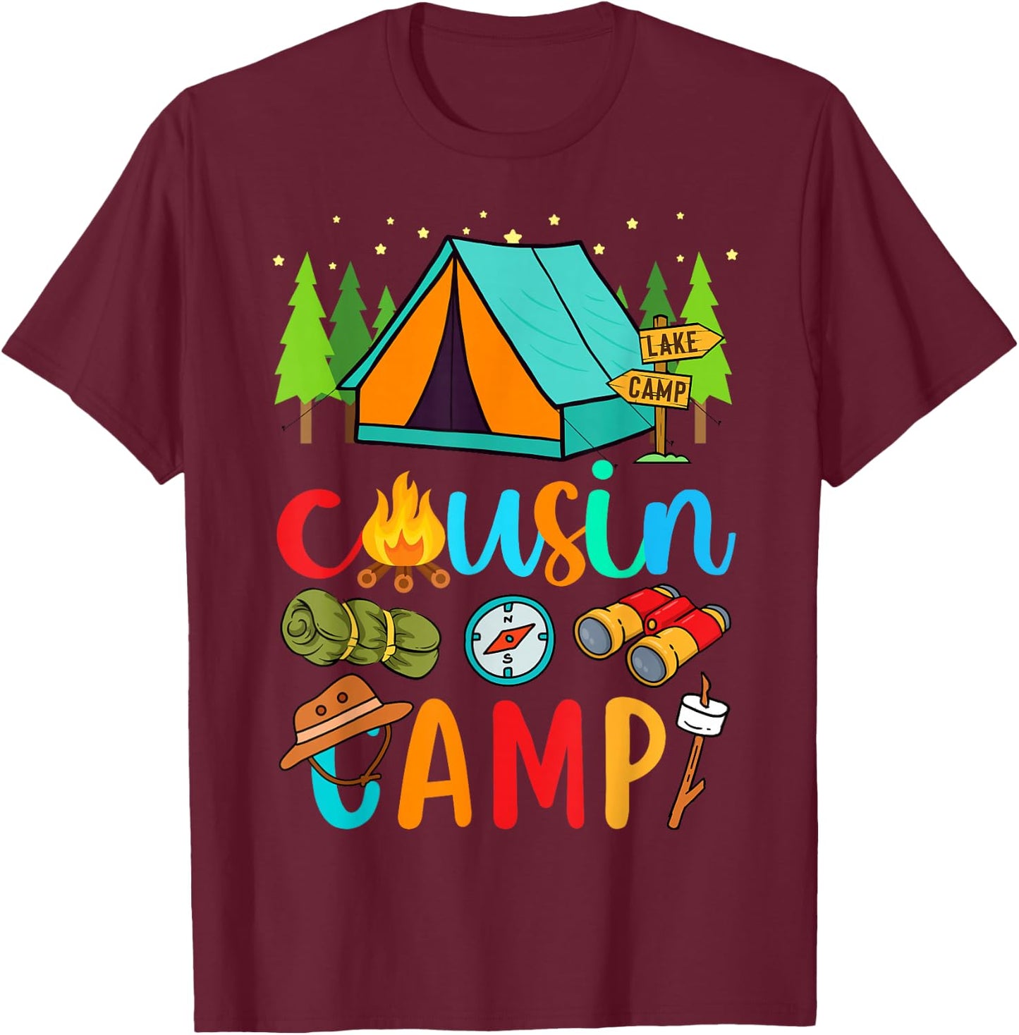 Funny Cousin Camp 2025 Family Vacation Summer Camping Crew T-Shirt - T-Shirt | Maroon