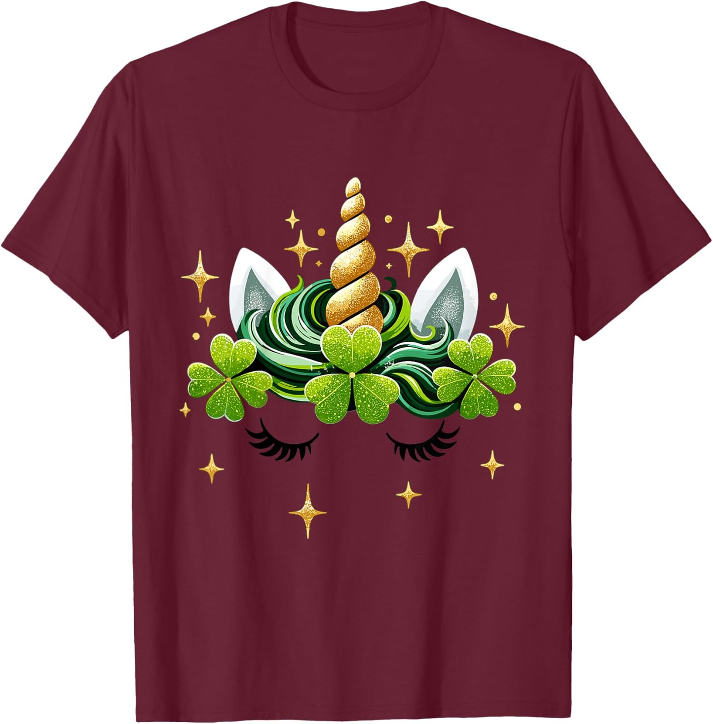 Kids Unicorn Face Shamrock St Patrick's Day Girl T-Shirt - T-Shirt | Maroon