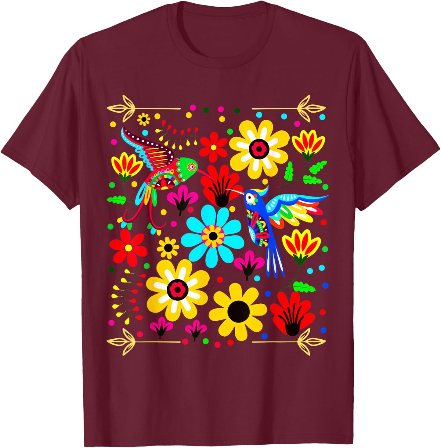 Floral Bird Otomi Mexican Style Mexicano Mexicana T-Shirt - T-Shirt | Maroon