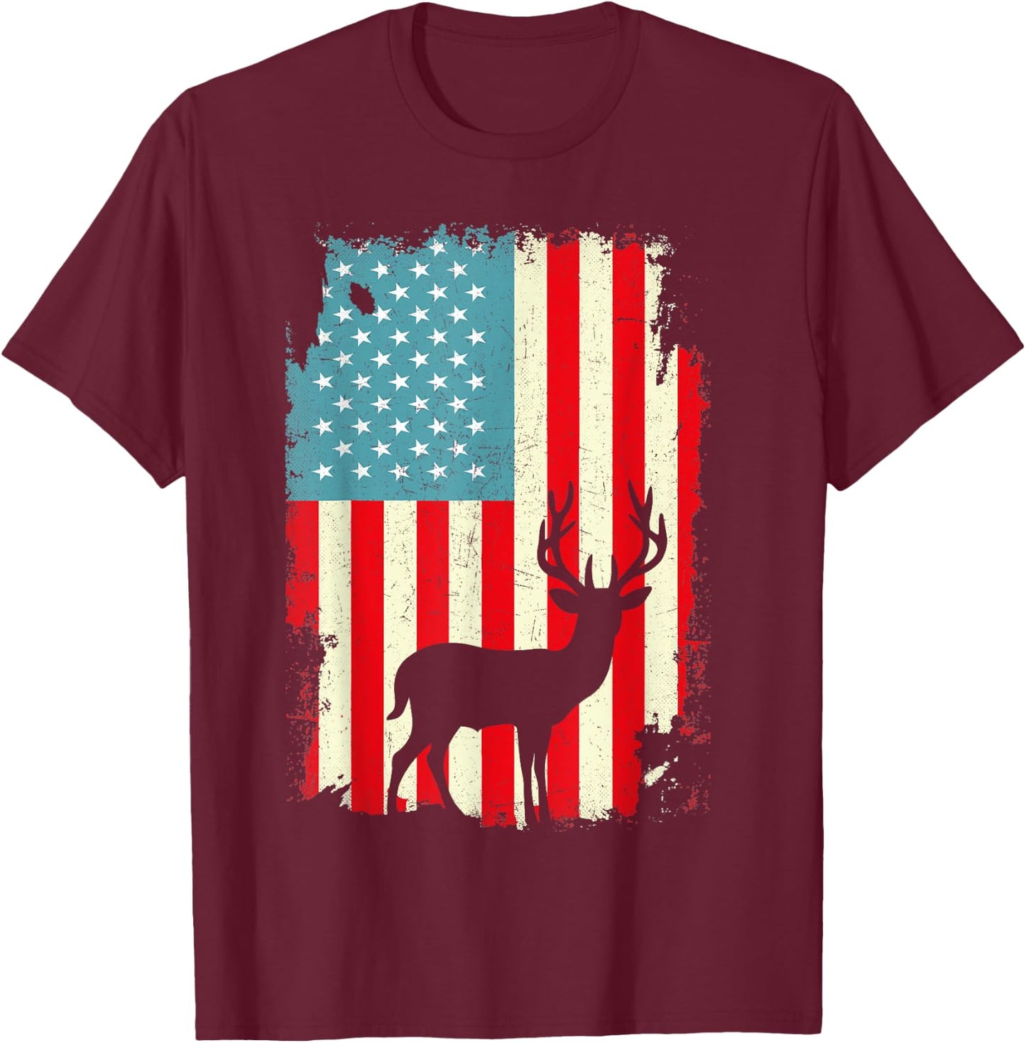Patriotic Deer Hunting Whitetail Buck USA Flag 4th Of July Men T-Shirt - T-Shirt | Maroon