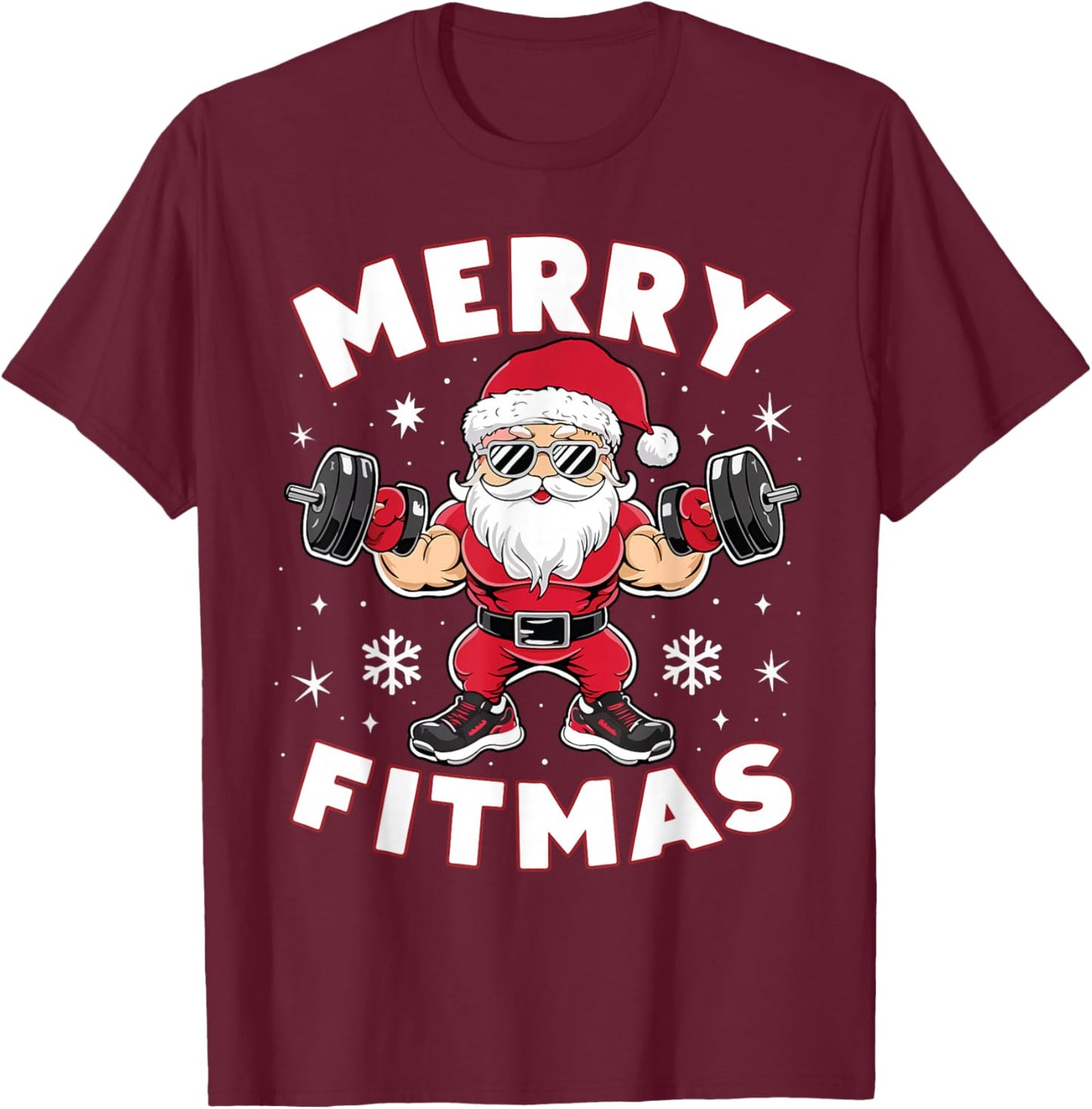 Christmas Santa Xmas Fitness Ugly Christmas Merry Fitmas T-Shirt - T-Shirt | Maroon