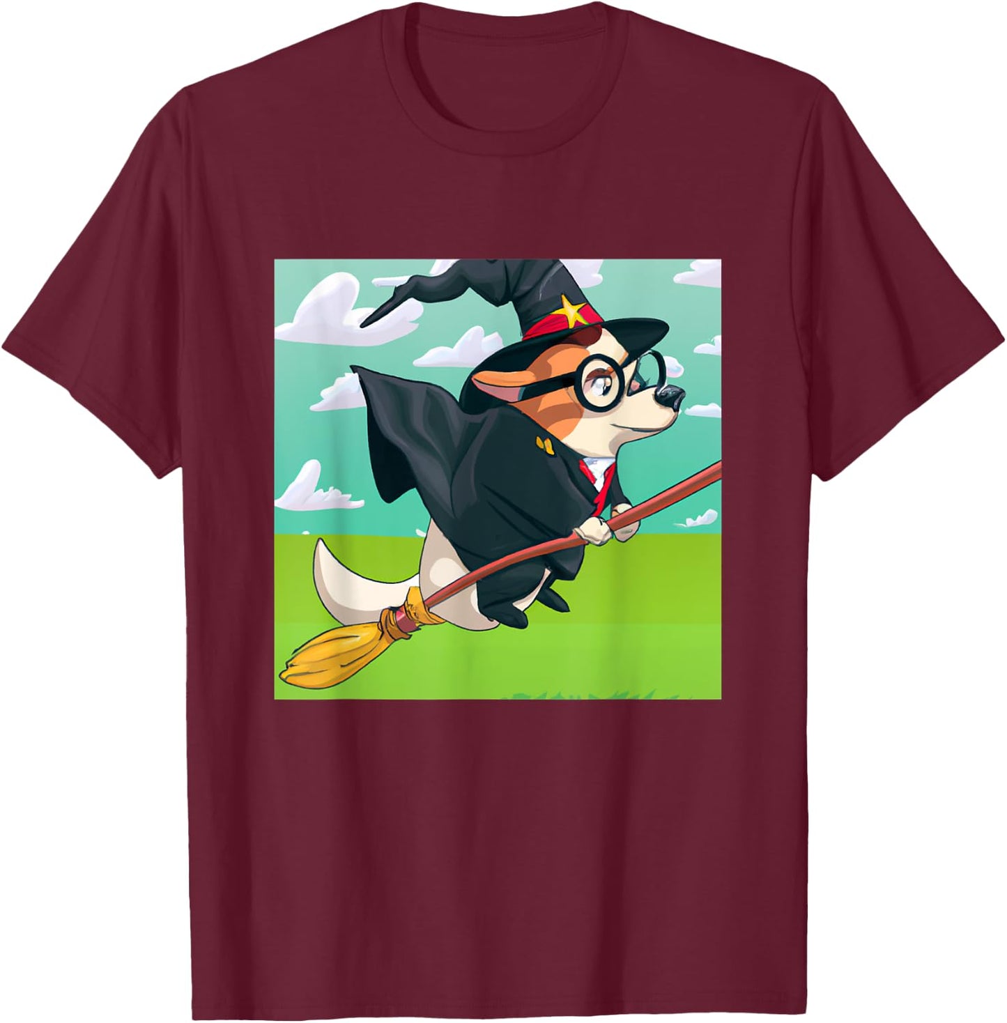 Wizard Corgi Magic Spell Fantasy Witchcraft Flying T-Shirt - T-Shirt | Maroon