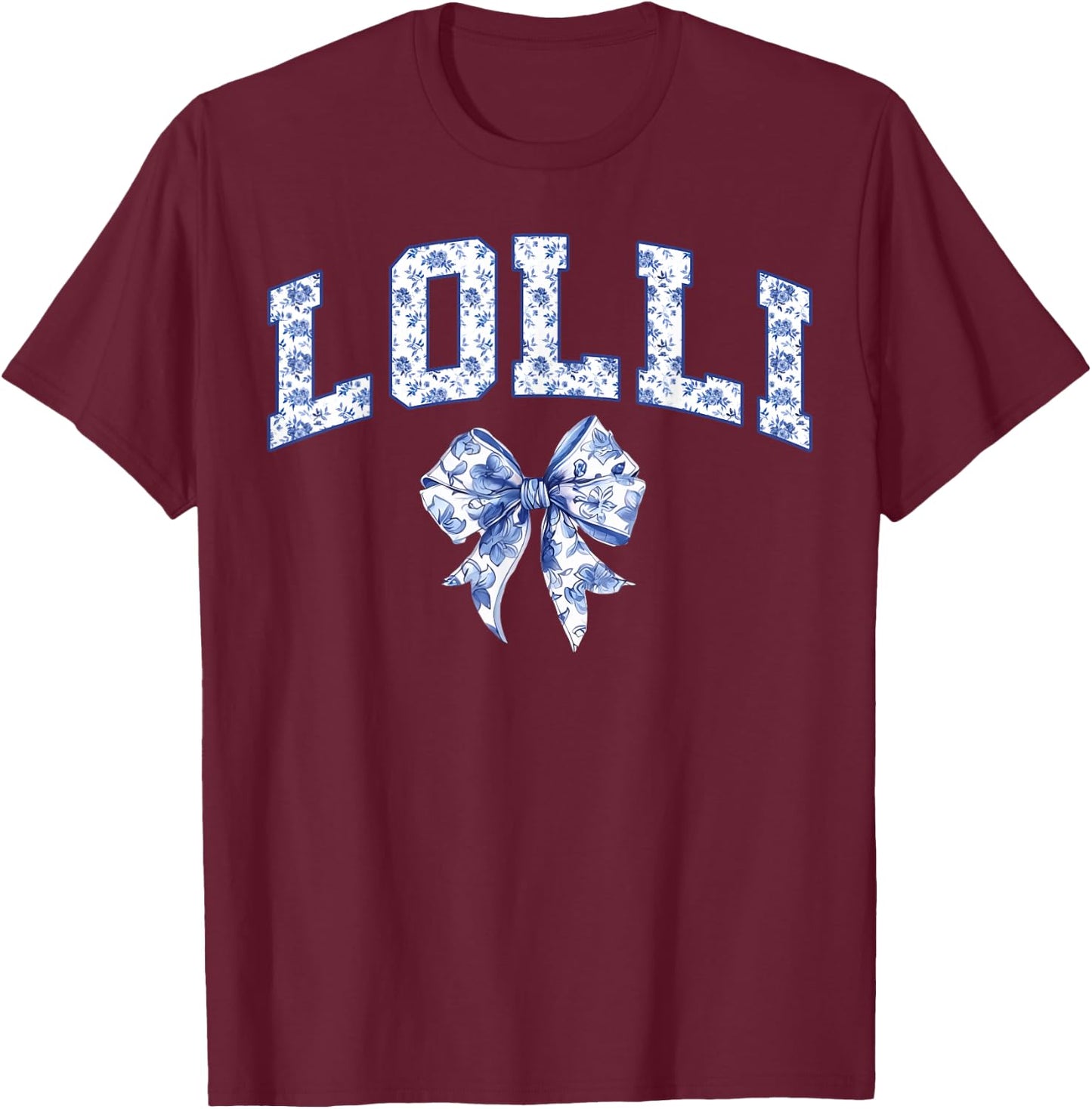 Lolli Coquette Toile Blue Bow Floral Family Matching T-Shirt - T-Shirt | Maroon