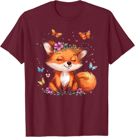 Cute Fox With Flowers I Kids Fox T-Shirt - T-Shirt | Maroon