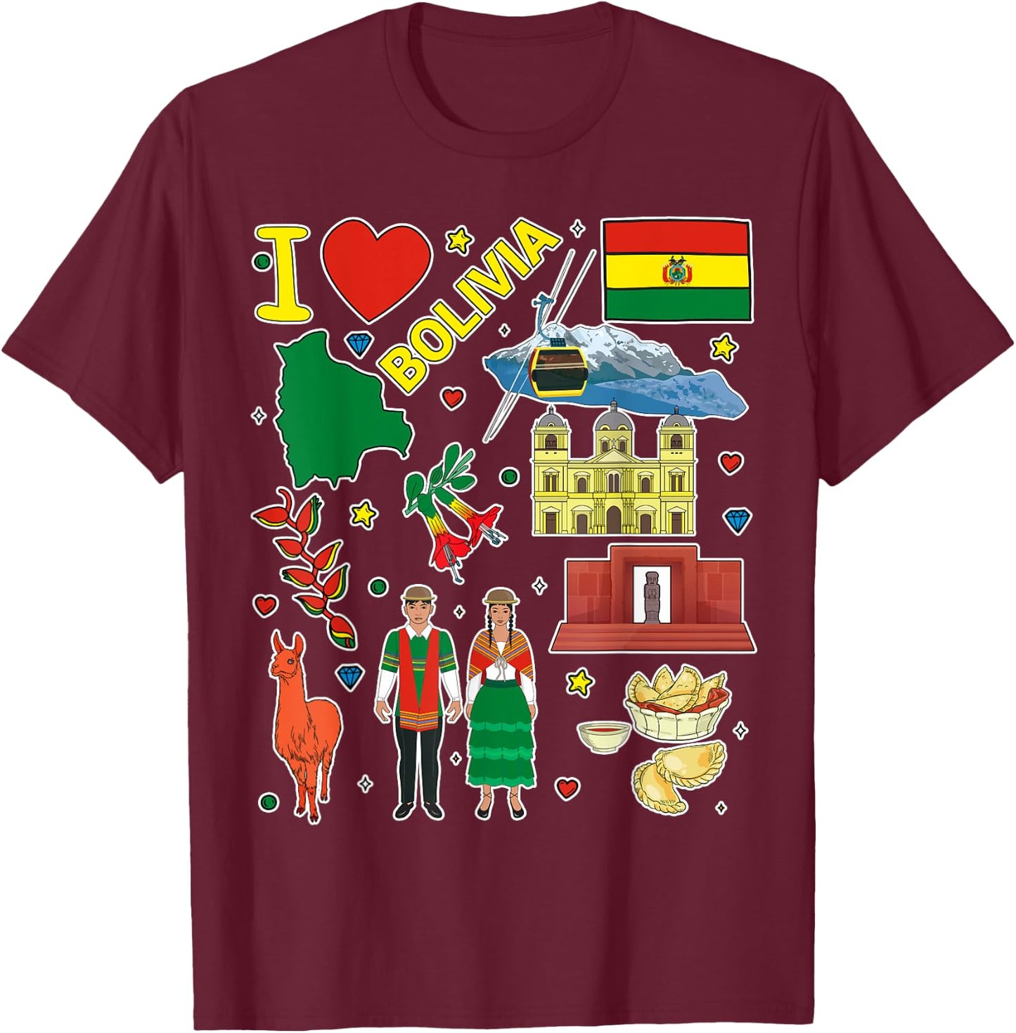 Bolivian hand drawn symbols, Bolivia map, cultural icons T-Shirt - T-Shirt | Maroon
