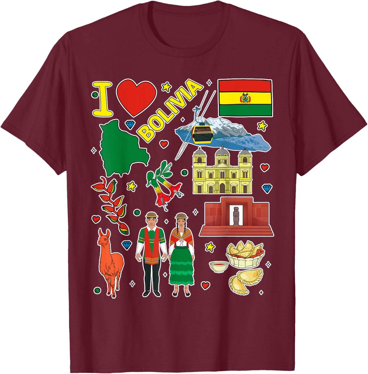 Bolivian hand drawn symbols, Bolivia map, cultural icons T-Shirt - T-Shirt | Maroon