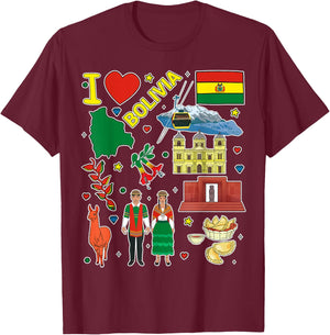 Bolivian hand drawn symbols, Bolivia map, cultural icons T-Shirt - T-Shirt | Maroon