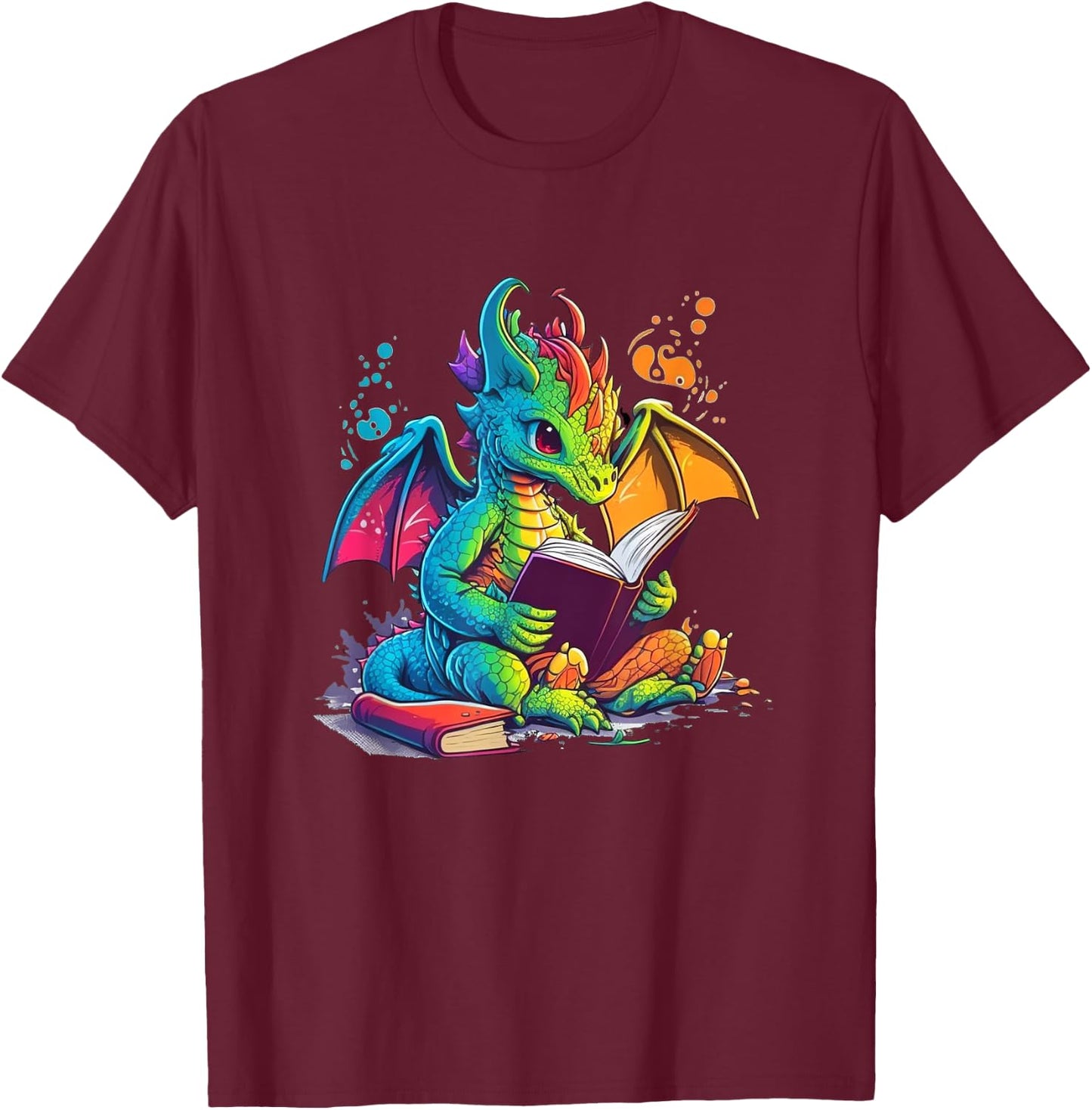 Cute Dragon Reading Book T-Shirt - T-Shirt | Maroon