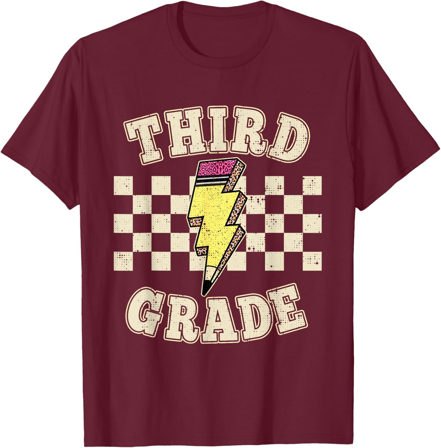 Retro Third Grade Teacher Lightning Bolt Pencil Teacher Kids T-Shirt - T-Shirt | Maroon