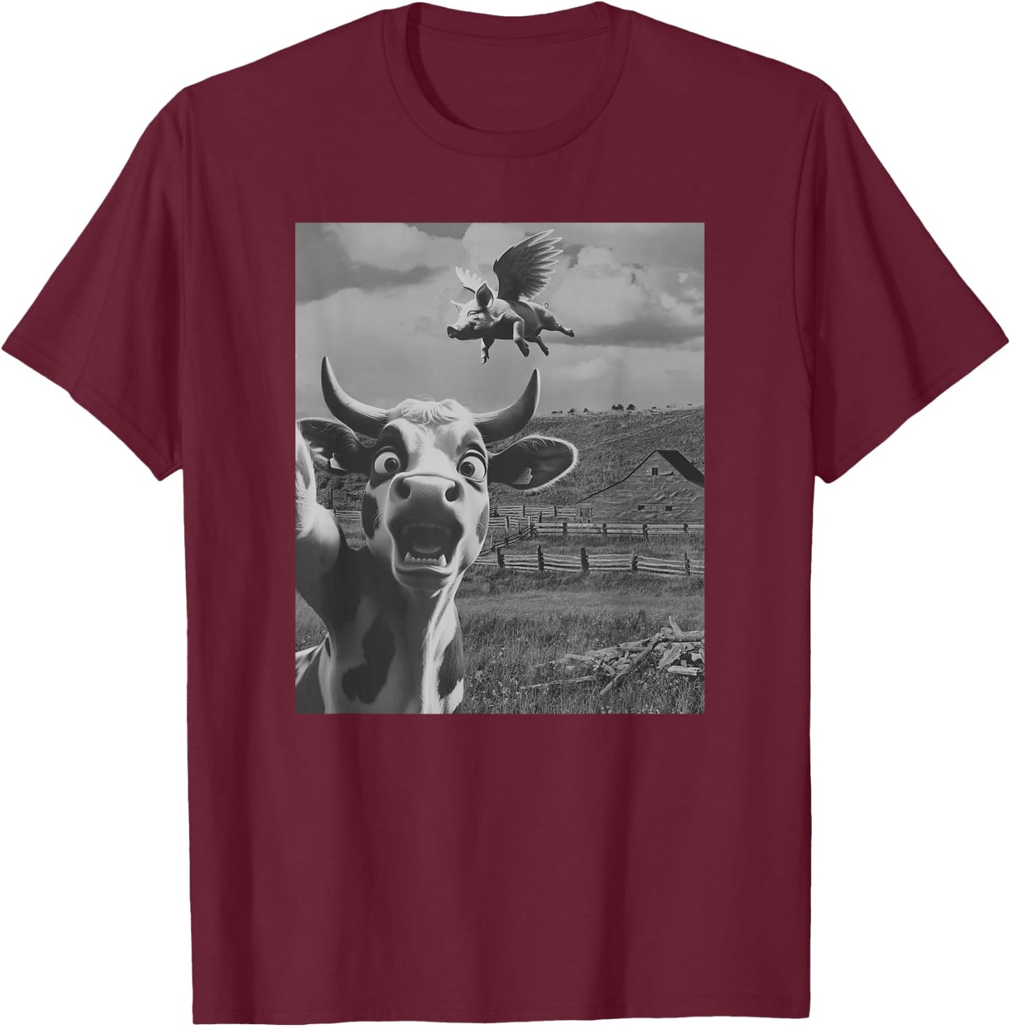 Cow Selfie With Flying Pigs Fly Funny Gift Women Kid T-Shirt - T-Shirt | Maroon