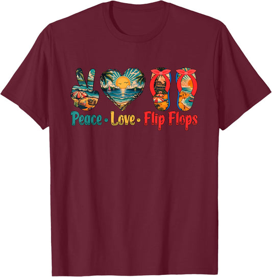 Peace Love Flip Flops Costume Summer Vacation Beach Lover T-Shirt - T-Shirt | Maroon