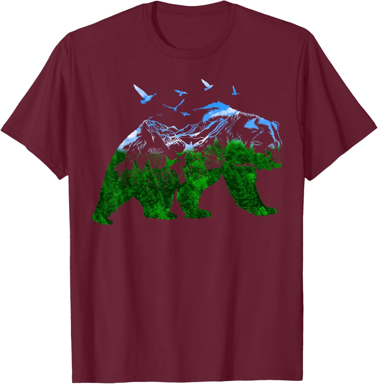 Bear Nature Outdoor Mountains Forest Trees Bear Wildlife T-Shirt - T-Shirt | Maroon