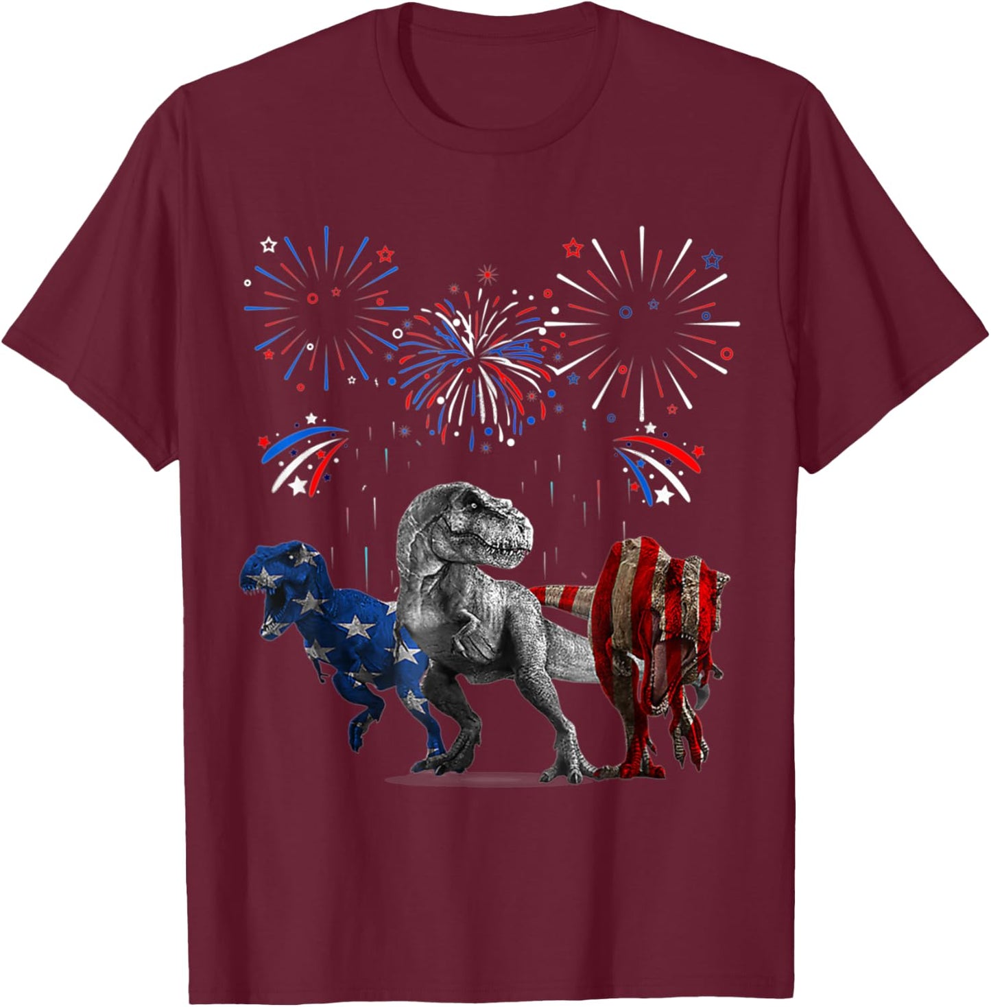 Red White Blue T Rex Dinosaur Firework 4th Of July Kids Men T-Shirt - T-Shirt | Maroon