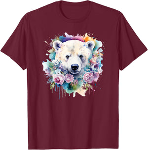 Polar Bear Floral Watercolor Animal Cute Polar Bear Face T-Shirt - T-Shirt | Maroon