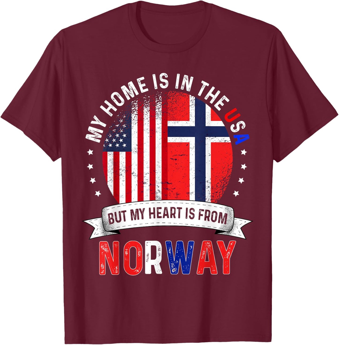 Norwegian American Patriot Heart is from Norway Flag T-Shirt - T-Shirt | Maroon