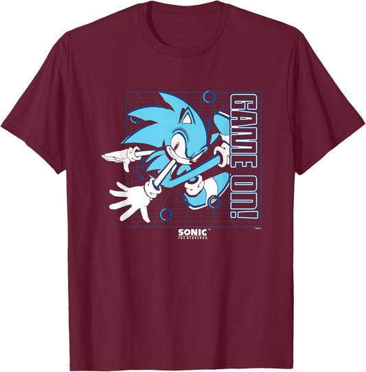 Sonic The Hedgehog Game On! Gold Rings Vintage Grid T-Shirt - T-Shirt | Maroon