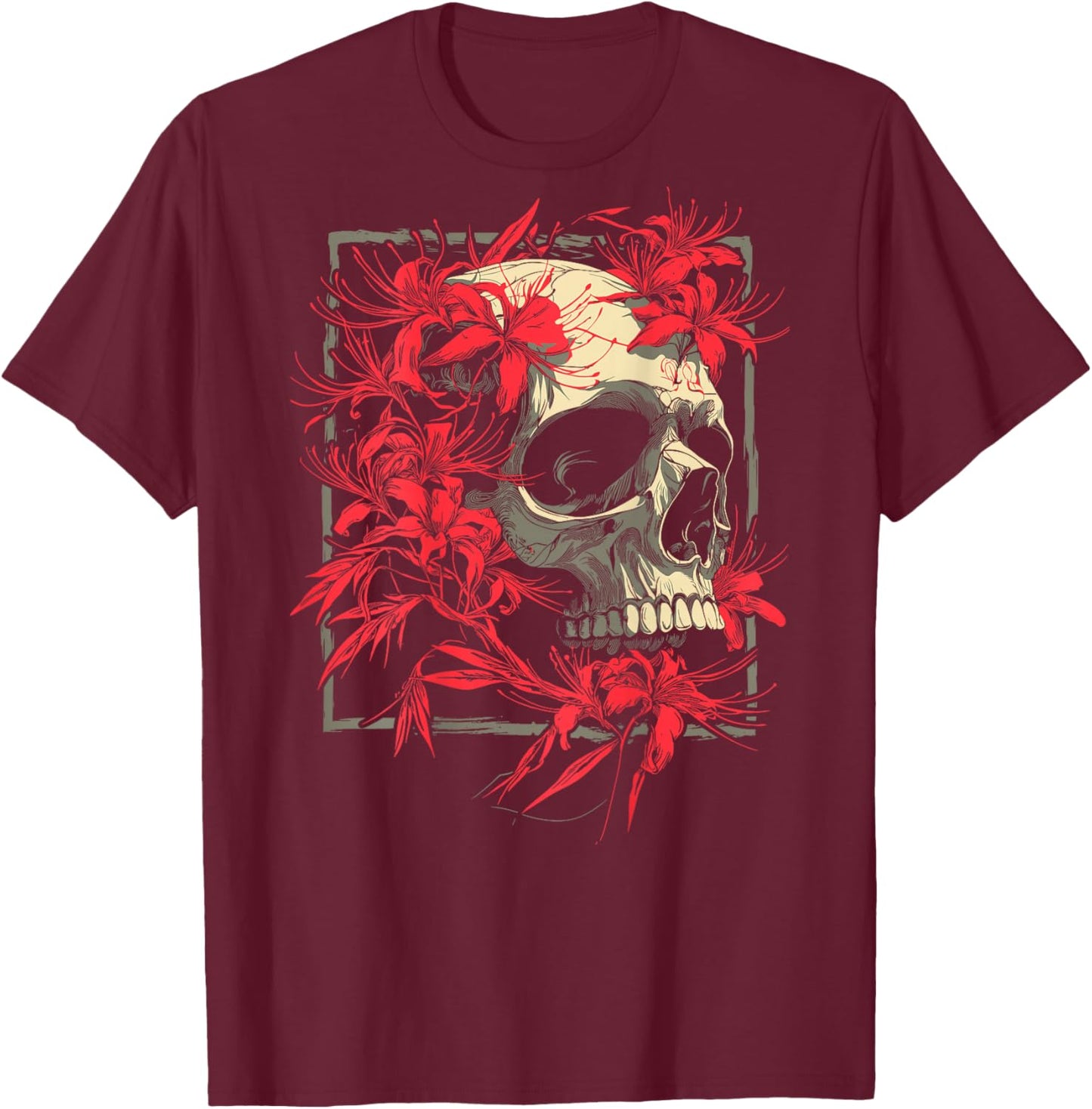 Red Spider Lily Flower Japanese Skull Otaku Backprinted T-Shirt - T-Shirt | Maroon