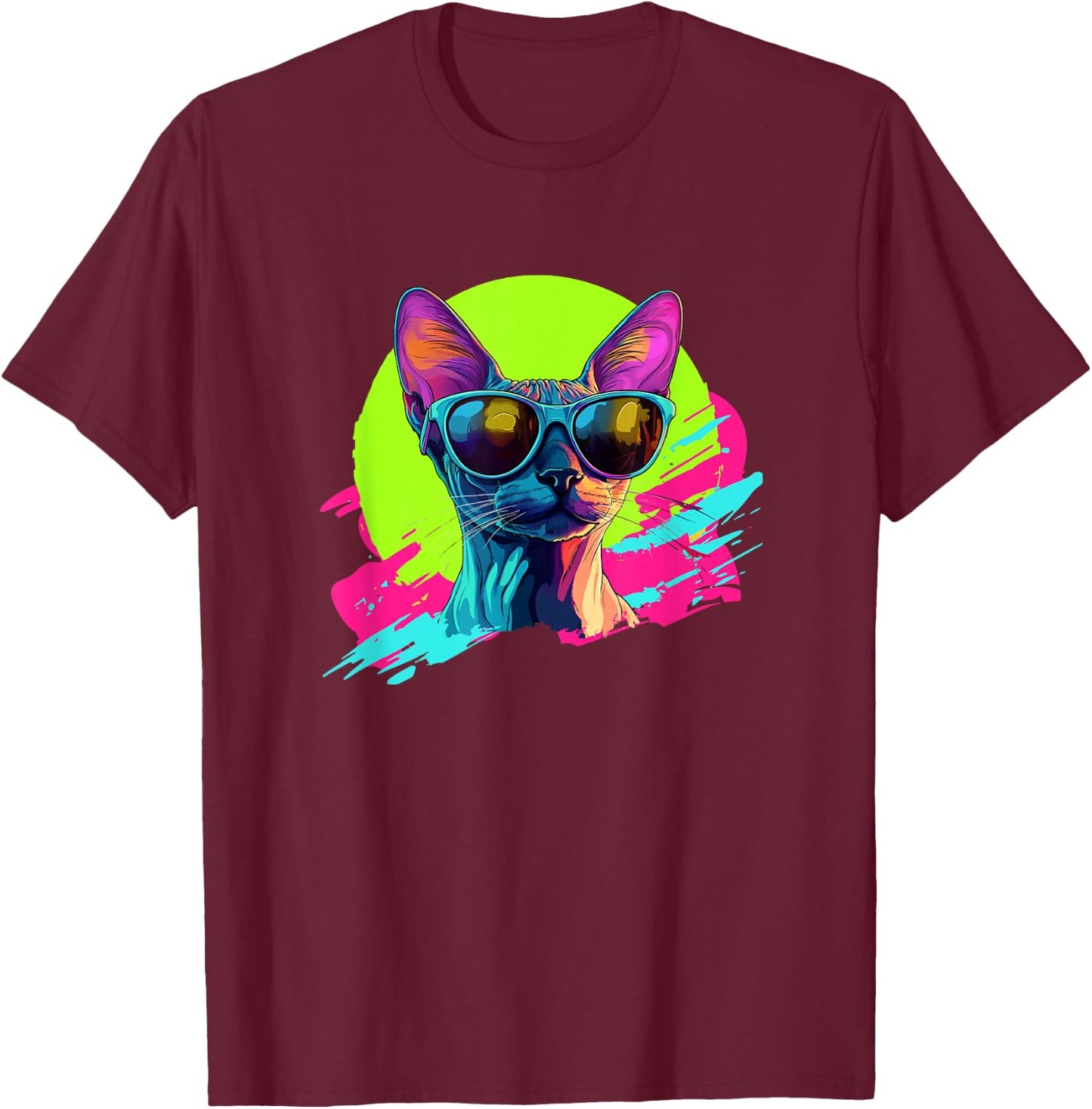 Funny Retro Vintage 80s Sunglasses Hairless Sphinx Cat Lover T-Shirt - T-Shirt | Maroon