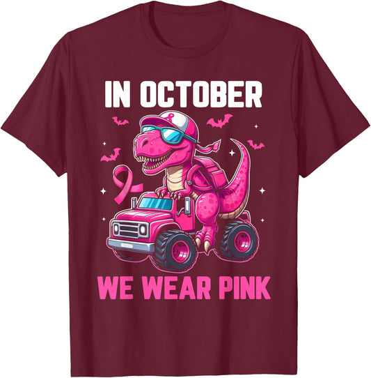 In October We Wear Pink Dino Trex Boys Toddler Breast Cancer T-Shirt - T-Shirt | Maroon