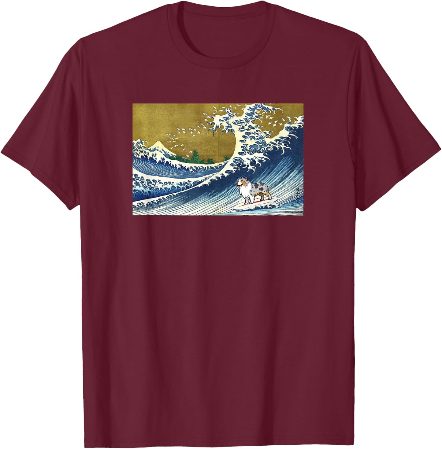 Funny Retro Vintage Surfing a Wave Blue Merle Aussie Lover T-Shirt - T-Shirt | Maroon