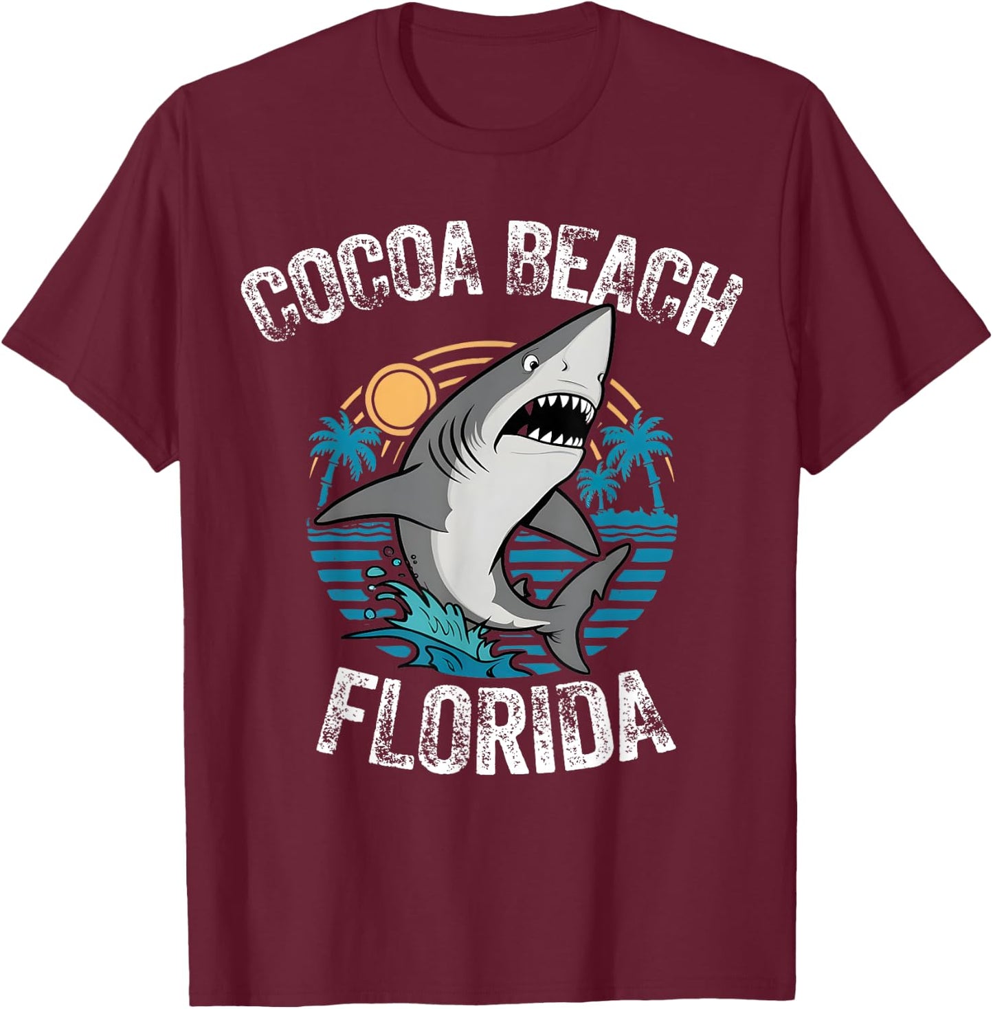 Cocoa Beach Florida Shark Palm Tree Beach Family Vacation T-Shirt - T-Shirt | Maroon