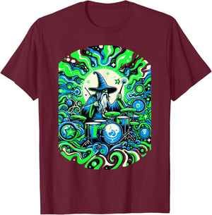 Psychedelic Trippy Rave Colourful Wizard on Drums T-Shirt - T-Shirt | Maroon