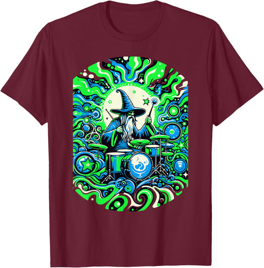 Psychedelic Trippy Rave Colourful Wizard on Drums T-Shirt - T-Shirt | Maroon