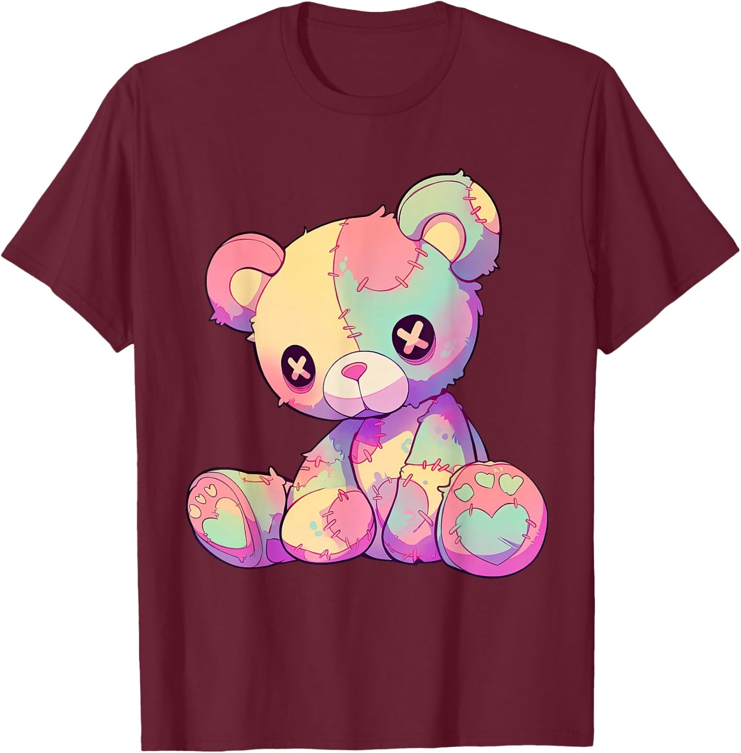 Kawaii Pastel Goth Creepy Cute Witchy Patchwork Teddy Bear T-Shirt - T-Shirt | Maroon