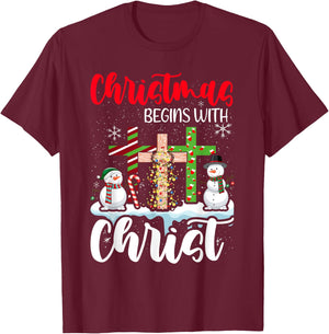 Christmas Begins With Christ Snowman Christian Cross Xmas T-Shirt - T-Shirt | Maroon