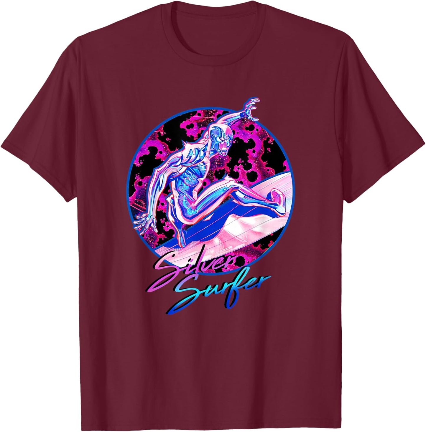 Marvel Fantastic Four Silver Surfer Bright Neon 80s Logo T-Shirt - T-Shirt | Maroon