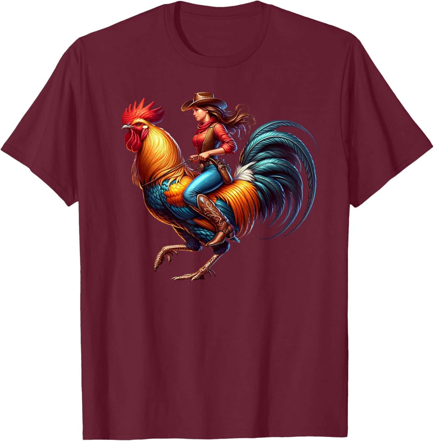 Funny Cowgirl Riding Rooster Country Life Western Girls T-Shirt - T-Shirt | Maroon