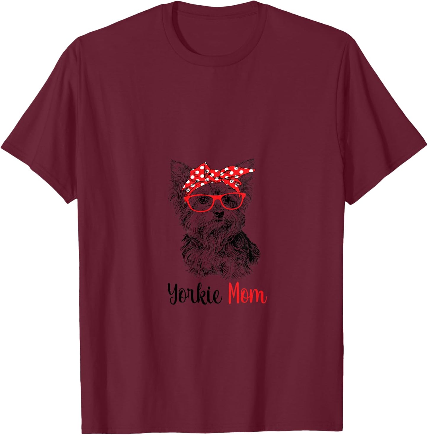 Women's Cute Hipster Red Glasses Yorkie Mom Lover V-Neck T-Shirt - T-Shirt | Maroon