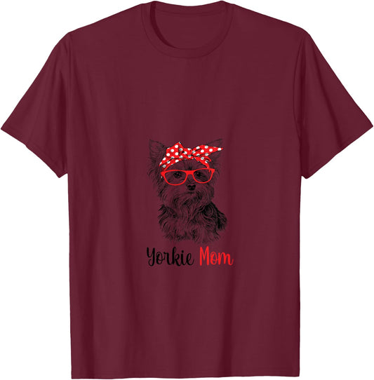 Women's Cute Hipster Red Glasses Yorkie Mom Lover V-Neck T-Shirt - T-Shirt | Maroon