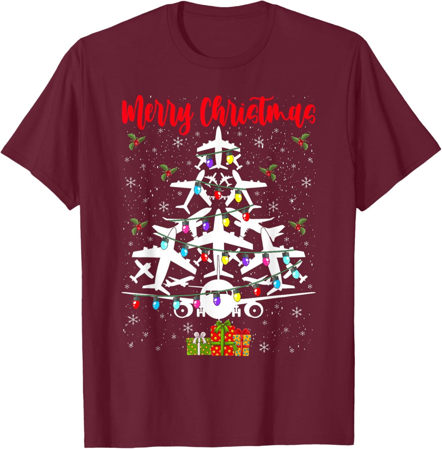 Airplane Christmas Tree Merry Christmas Most Likely Pilot T-Shirt - T-Shirt | Maroon