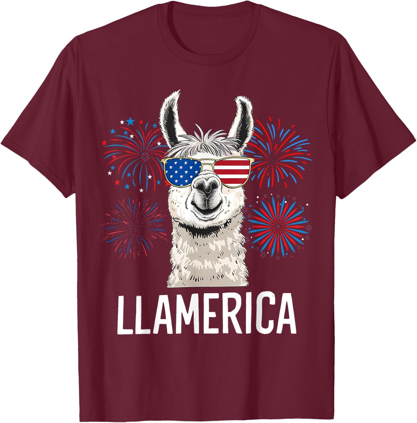 Funny Llamerica Fourth July American Flag Firework Graphic T-Shirt - T-Shirt | Maroon