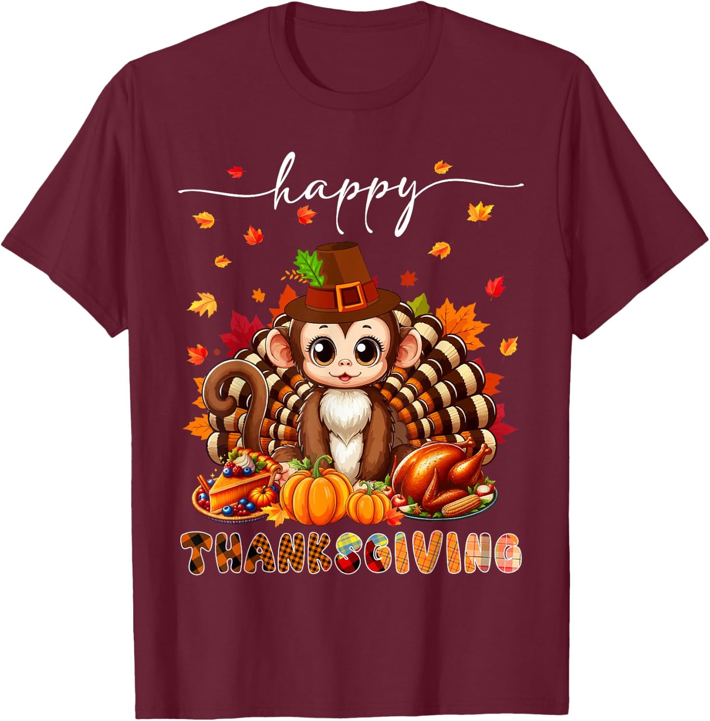 Happy Thanksgiving Monkey Costume Turkey Fall Leaves Food T-Shirt - T-Shirt | Maroon