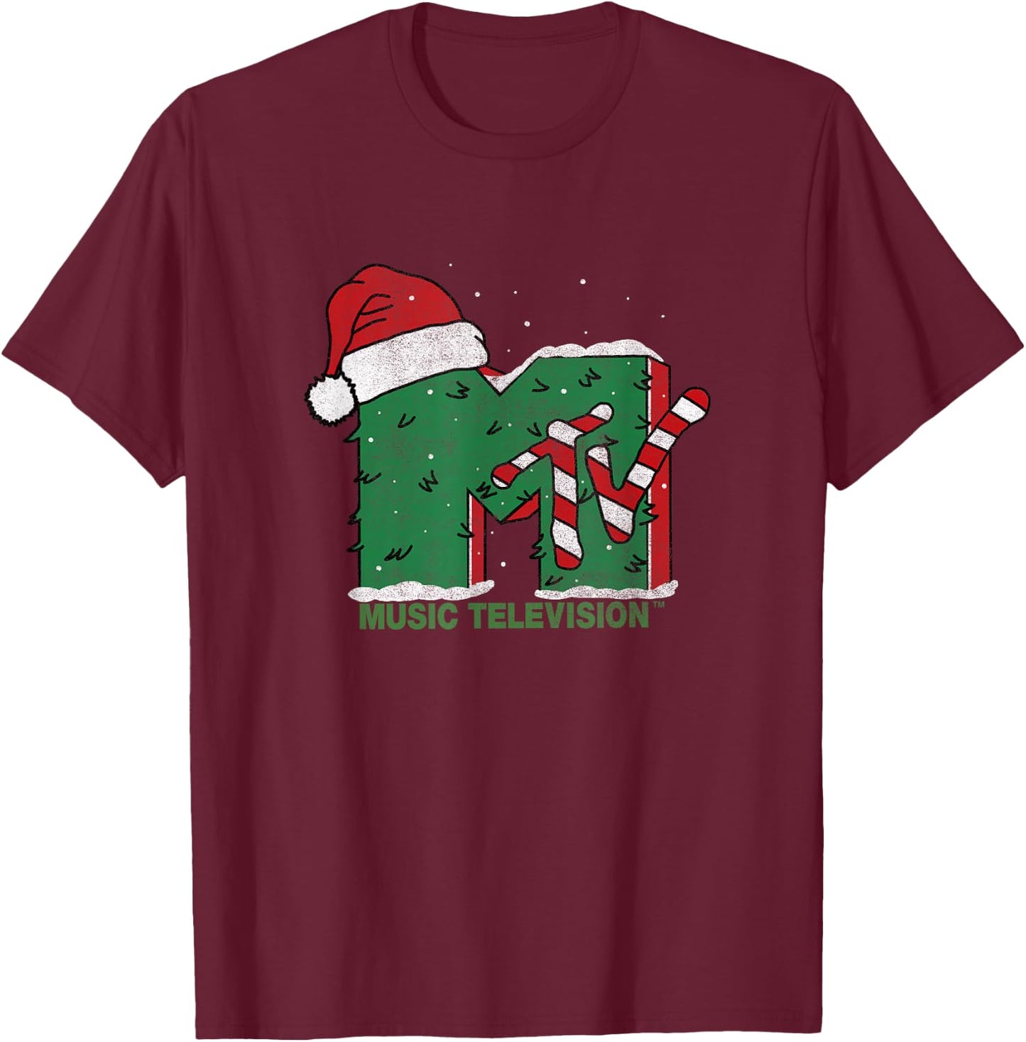MTV Christmas Vintage Santa Claus & Christmas Tree Logo T-Shirt - T-Shirt | Maroon