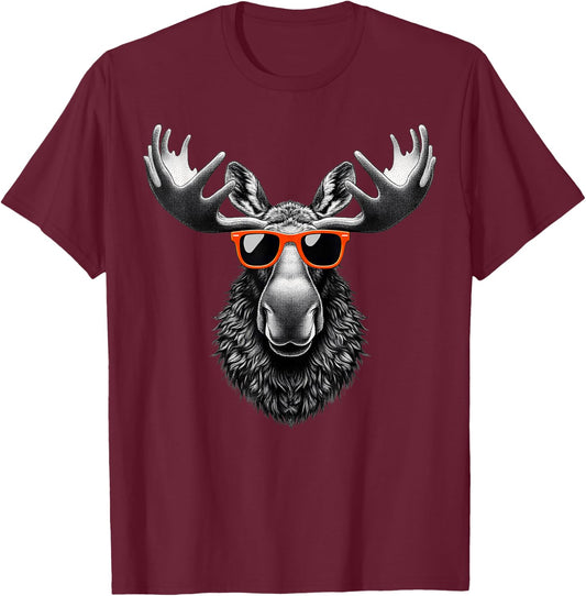 Cool Moose Wearing Sunglasses Graphic Art T-Shirt - T-Shirt | Maroon