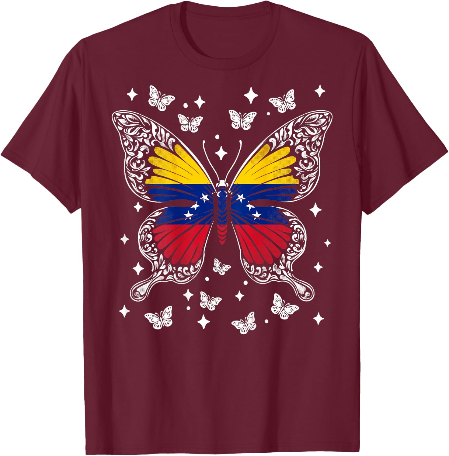 Venezuelan Roots -Kids Venezuelan Flag Butterfly , Black, Small, Short Sleeve T-Shirt - T-Shirt | Maroon
